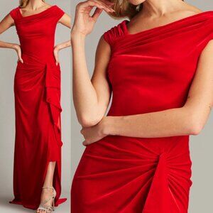 NWT Tadashi Shoji Cidra Velvet Waterfall Drape Gown Dress cranberry BAL24734L